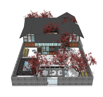 日式会所建筑SU模型，会所建筑SKB文件下载
