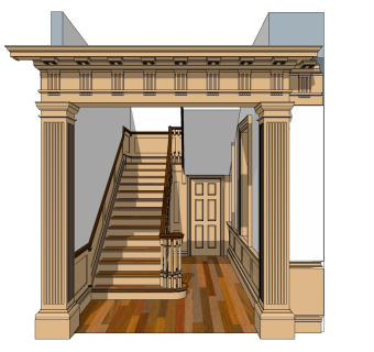 现代实木双跑平行楼梯草图大师模型，实木双跑平行楼梯sketchup模型免费下载
