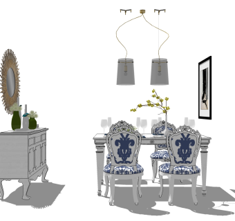 美式餐桌椅免费su模型，餐桌椅草图大师模型下载