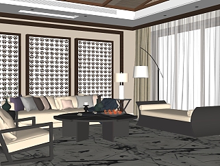 新中式客厅su模型，客厅沙发桌椅茶几灯具草图大师模型下载