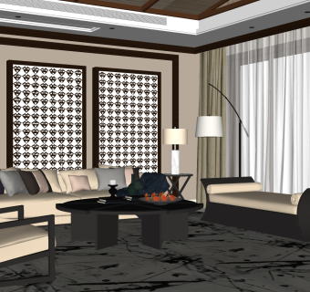 新中式客厅su模型，客厅沙发桌椅茶几灯具草图大师模型下载