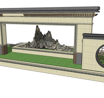 中式景观墙sketchup模型下载，景观墙草图大师模型