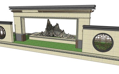 中式景观墙sketchup模型下载，景观墙草图大师模型