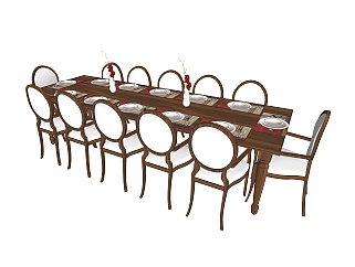 简欧<em>餐桌su模型</em>，长餐桌家庭用餐桌草图大师模型下载