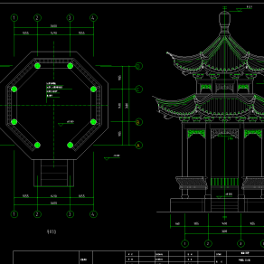 重檐八角亭建筑施工图，亭子CAD图纸下载