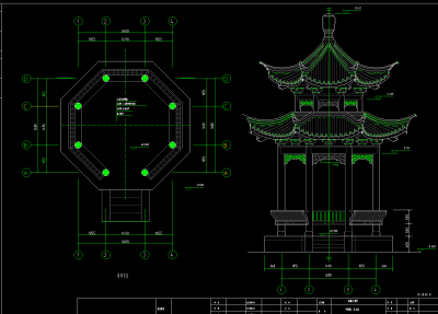 重檐八角亭建筑施工图，亭子CAD图纸下载