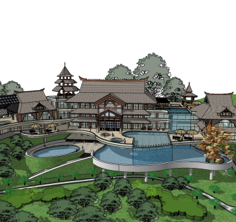 新中式建筑会所模型，sketchup模型免费下载