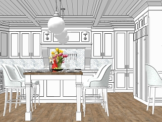 美式别墅厨房su模型，厨房餐桌椅草图大师模型下载