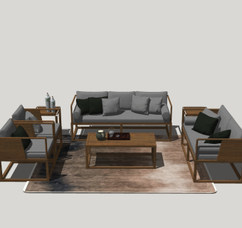 中式沙发组合草图大师模型，沙发茶几组合sketchup模型下载