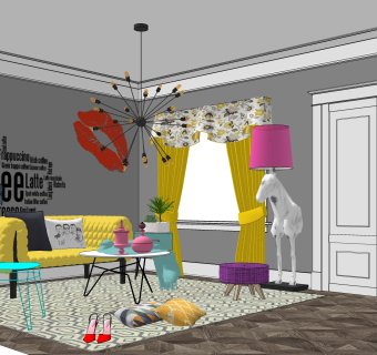 LOFT客厅su模型，客桌椅沙发组合草图大师模型下载