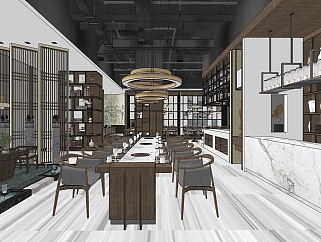 新中式禅意餐厅室内设计方案草图大师模型，禅意餐厅...