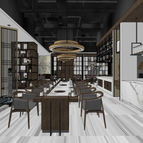 新中式禅意餐厅室内设计方案草图大师模型，禅意餐厅室内设计方案sketchup模型下载