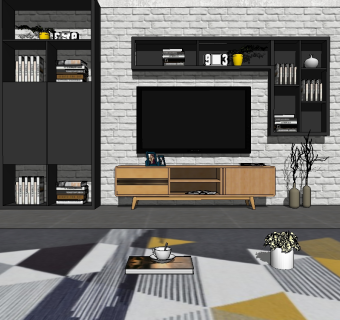 北欧电视柜背景墙组合su模型，柜子草图大师模型下载