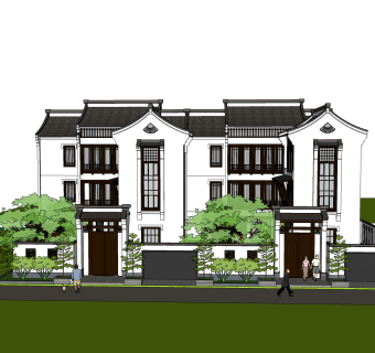 中式连排别墅草图大师模型，别墅sketchup模型