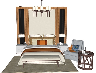 <em>新中式</em>风格床柜组合草图大师模型，床柜组合SU模型下载