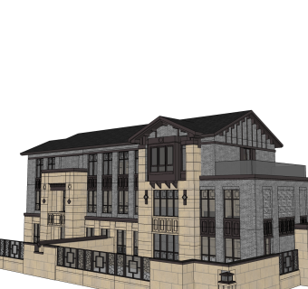 新中式别墅建筑，连排叠加别墅，SU模型免费下载