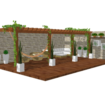现代庭院实木花架草图大师模型，庭院实木花架sketchup模型下载