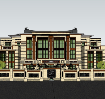 新中式连排别墅su模型免费下载，sketchup别墅草图大师模型