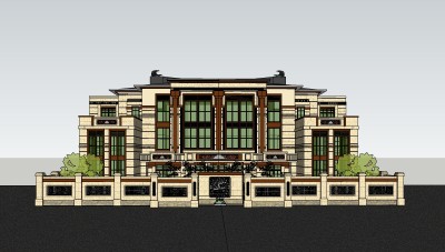 新中式连排别墅su模型免费下载，sketchup别墅草图大师模型