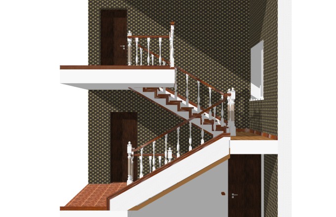 现代实木双跑平行楼梯草图大师模型，实木双跑平行楼梯sketchup模型免费下载