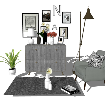  欧式简约单人沙发组合草图大师模型，沙发sketchup模型