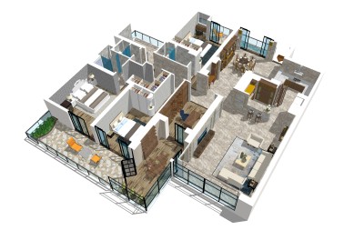 极简风大平层户型透视草图大师模型，大平层户型透视sketchup模型下载