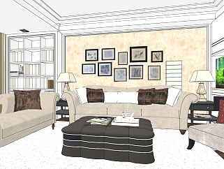 中式室内客厅设计sketchup模型下载，客厅草图大师模型...