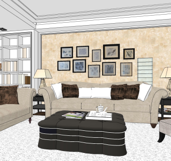  中式室内客厅设计sketchup模型下载，客厅草图大师模型下载