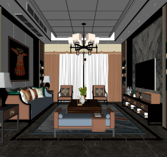 新中式客厅免费su模型草图大师文件下载