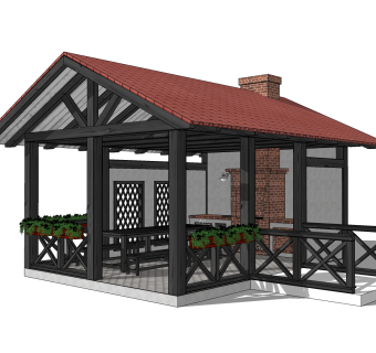 现代中式廊亭，SU模型免费下载