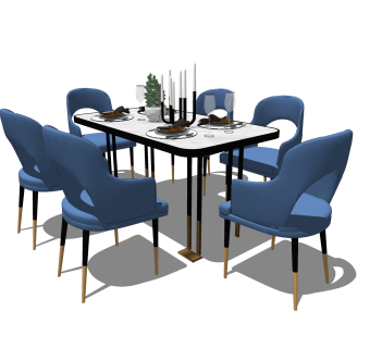 现代餐桌椅su模型，家用餐桌椅长餐桌草图大师模型下载
