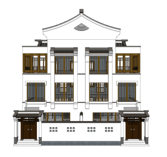 中式联排别墅su模型，别墅skp模型下载