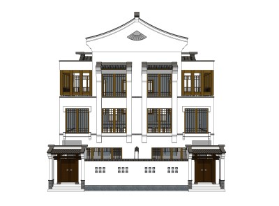 中式联排别墅su模型，别墅skp模型下载
