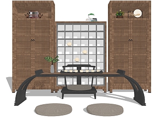 <em>新中式</em>茶桌椅装饰柜组合su模型，茶桌sketchup模型下载