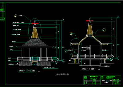 各种亭子cad施工图纸，观景亭cad竣工图下载