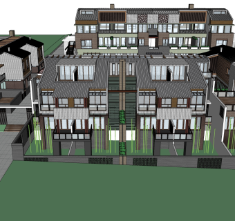 新中式别墅建筑，连排叠加别墅，SU模型免费下载
