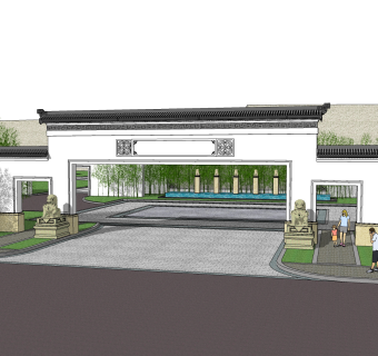 新中式小区门头草图大师模型，小区门头sketchup模型下载