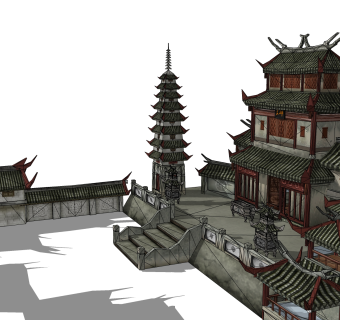 现代中式小区庭院，sketchup模型免费下载