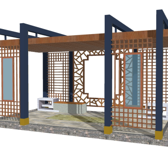 新中式造型廊架草图大师模型，造型廊架sketchup模型下载