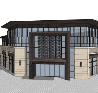 新中式售楼处建筑方案草图大师模型，售楼部建筑沙盘sketchup模型免费下载
