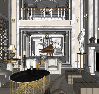 欧式别墅客厅免费su模型草图大师文件下载