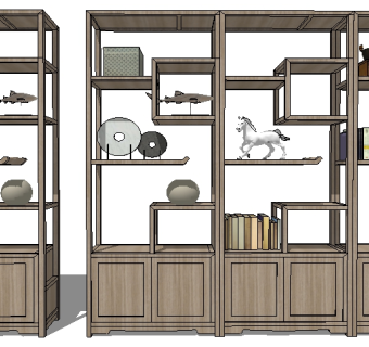中式博古架装饰柜sketchup模型，博古架草图大师模型下载