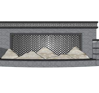 中式景观墙SU模型下载，景观墙skb模型分享