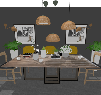 北欧餐桌椅组合su模型，餐桌sketchup模型下载