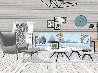 北欧风格软装客厅su模型，客厅sketchup模型下载