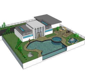 现代欧式泳池别墅草图大师模型，别墅SU模型下载