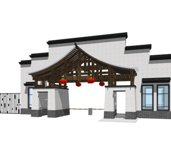 新中式小区门头草图大师模型，小区门头sketchup模型免费下载