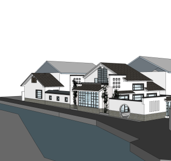 傍水中式小别墅草图大师模型，别墅sketchup模型