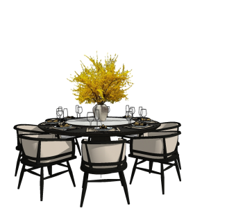 新中式餐桌椅草图大师模型，餐桌椅组合skp模型下载