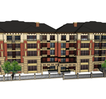 欧式公寓楼外观sketchup模型下载，公寓楼草图大师模型
